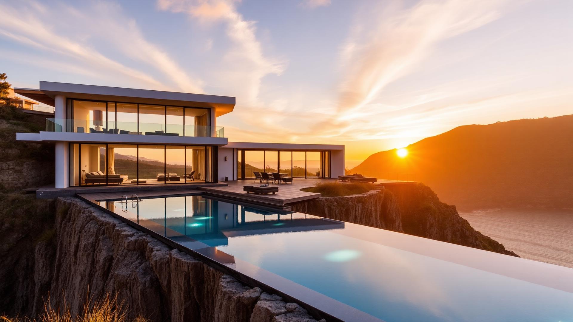 Luxury cliffside villa at sunset